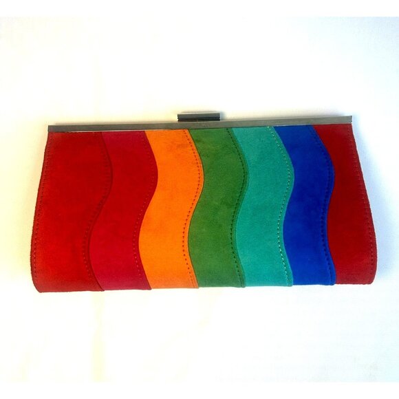 Rainbow Wave-Striped Shoulder Clutch Purse Handbag Multi Color Suede - Picture 1 of 5